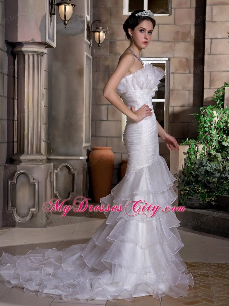 Mermaid Strapless Court Train Ruched and Ruffled Organza Wedding Gown