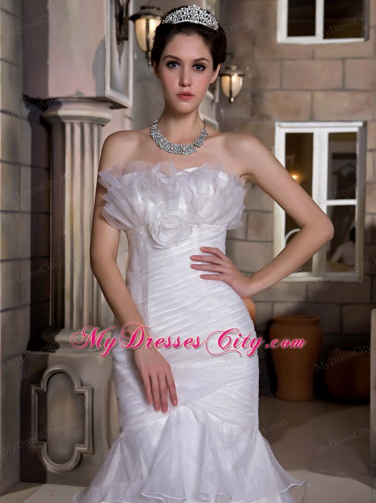 Mermaid Strapless Court Train Ruched and Ruffled Organza Wedding Gown