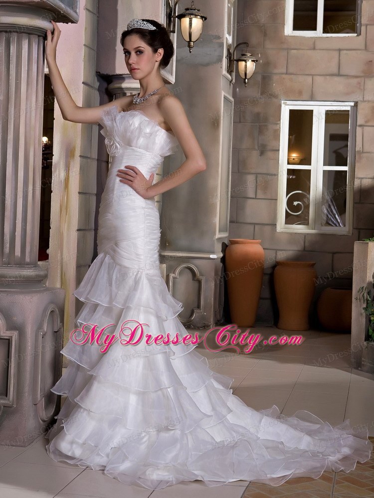 Mermaid Strapless Court Train Ruched and Ruffled Organza Wedding Gown