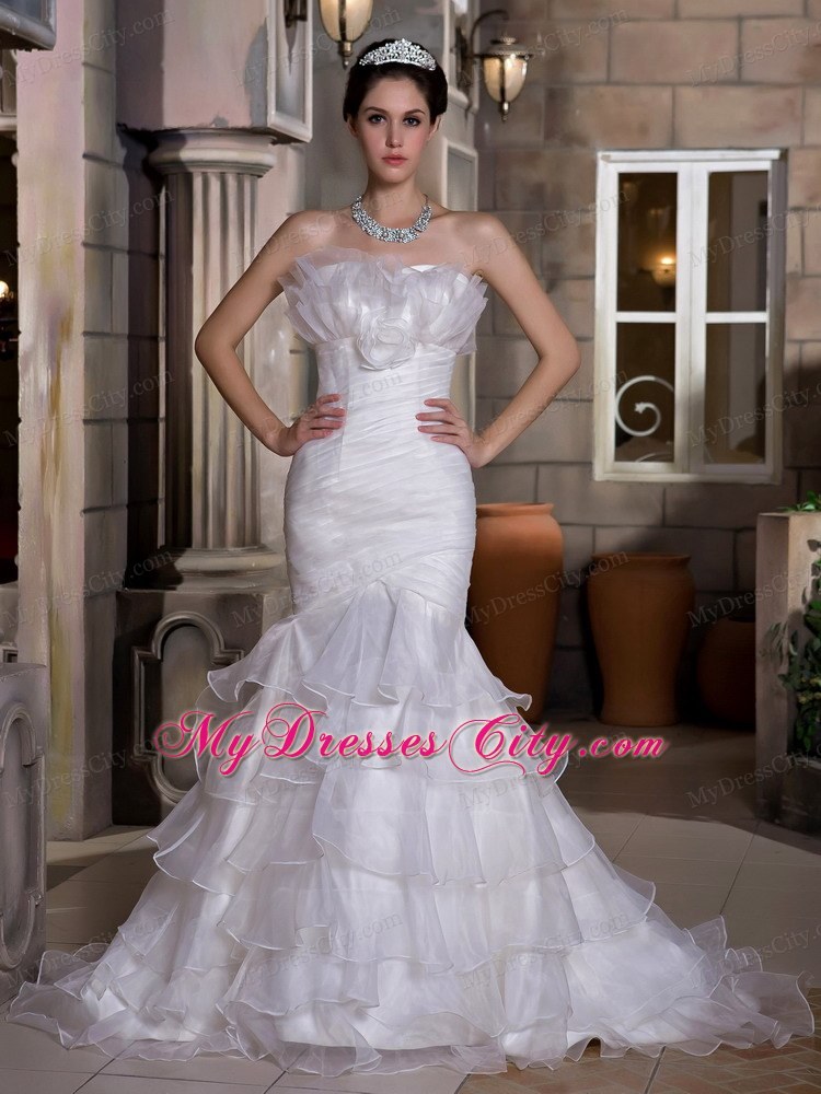 Mermaid Strapless Court Train Ruched and Ruffled Organza Wedding Gown