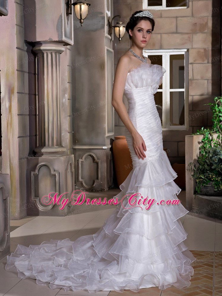 Mermaid Strapless Court Train Ruched and Ruffled Organza Wedding Gown