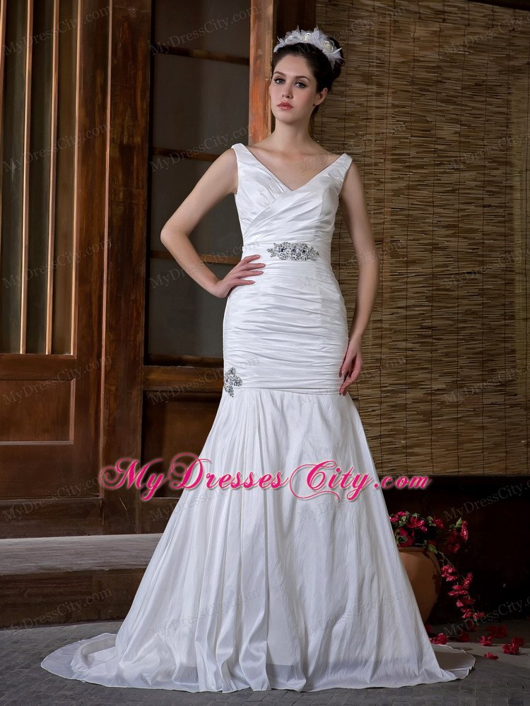 Cheap Mermaid V-neck Taffeta Ruche and Beading Court Train Bridal Gown