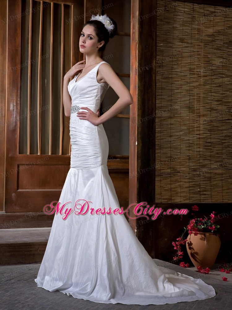 Cheap Mermaid V-neck Taffeta Ruche and Beading Court Train Bridal Gown