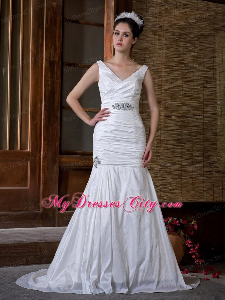 Cheap Mermaid V-neck Taffeta Ruche and Beading Court Train Bridal Gown