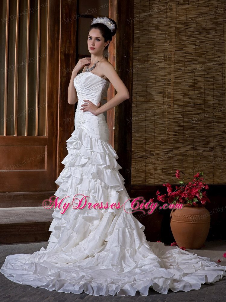 Mermaid Strapless Appliques and Ruffled Layers Chapel Train Wedding Dress