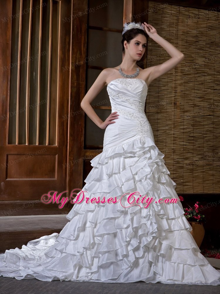 Mermaid Strapless Appliques and Ruffled Layers Chapel Train Wedding Dress