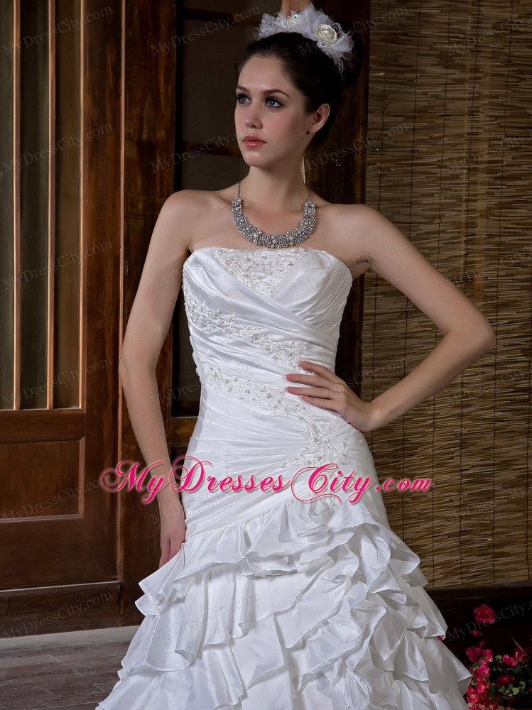 Mermaid Strapless Appliques and Ruffled Layers Chapel Train Wedding Dress