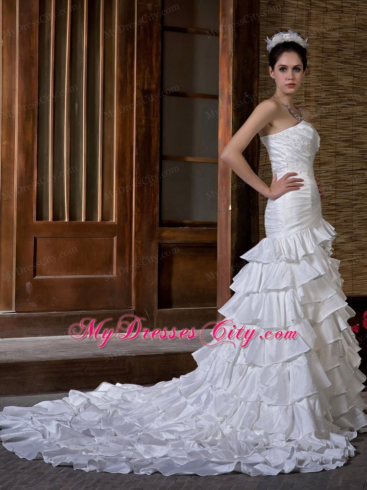 Mermaid Strapless Appliques and Ruffled Layers Chapel Train Wedding Dress