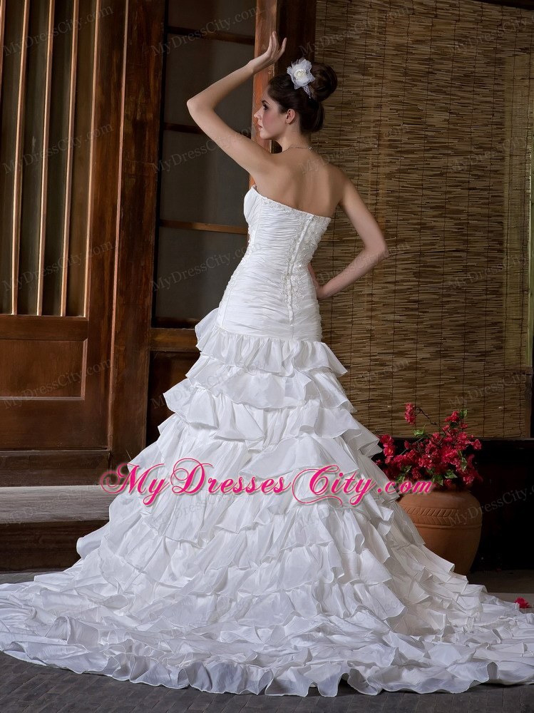 Mermaid Strapless Appliques and Ruffled Layers Chapel Train Wedding Dress