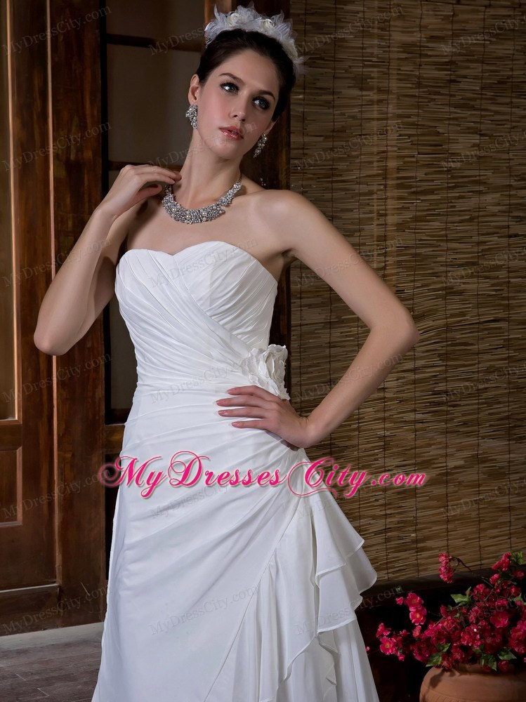 Slinky Sweetheart Court Train Ruching Chiffon Wedding Dress with Flower