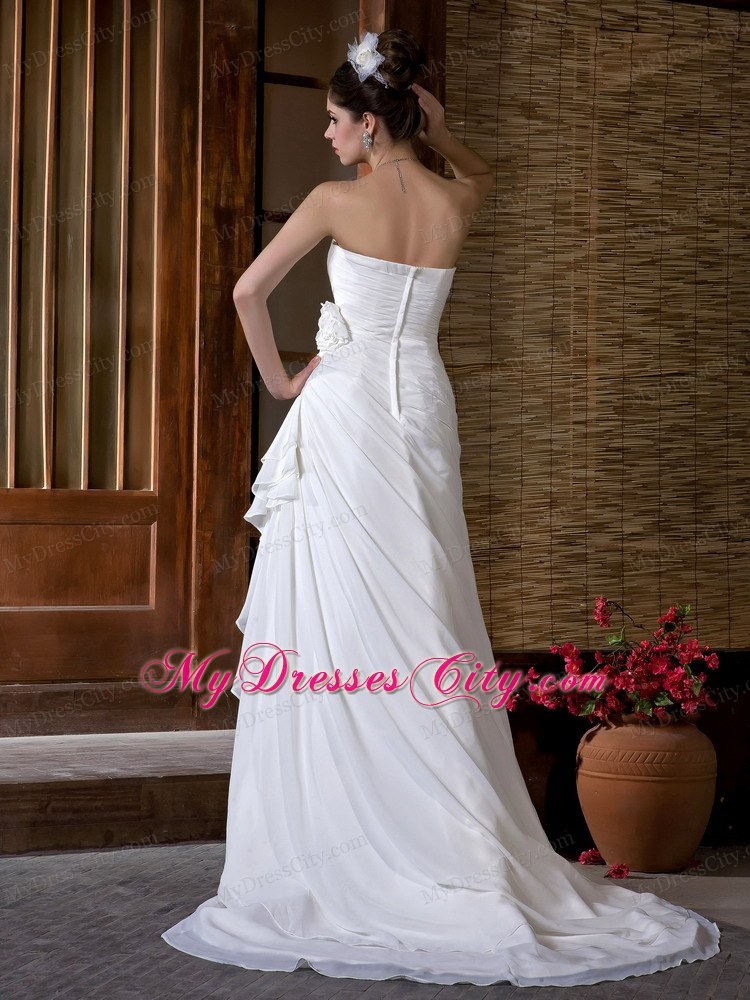 Slinky Sweetheart Court Train Ruching Chiffon Wedding Dress with Flower