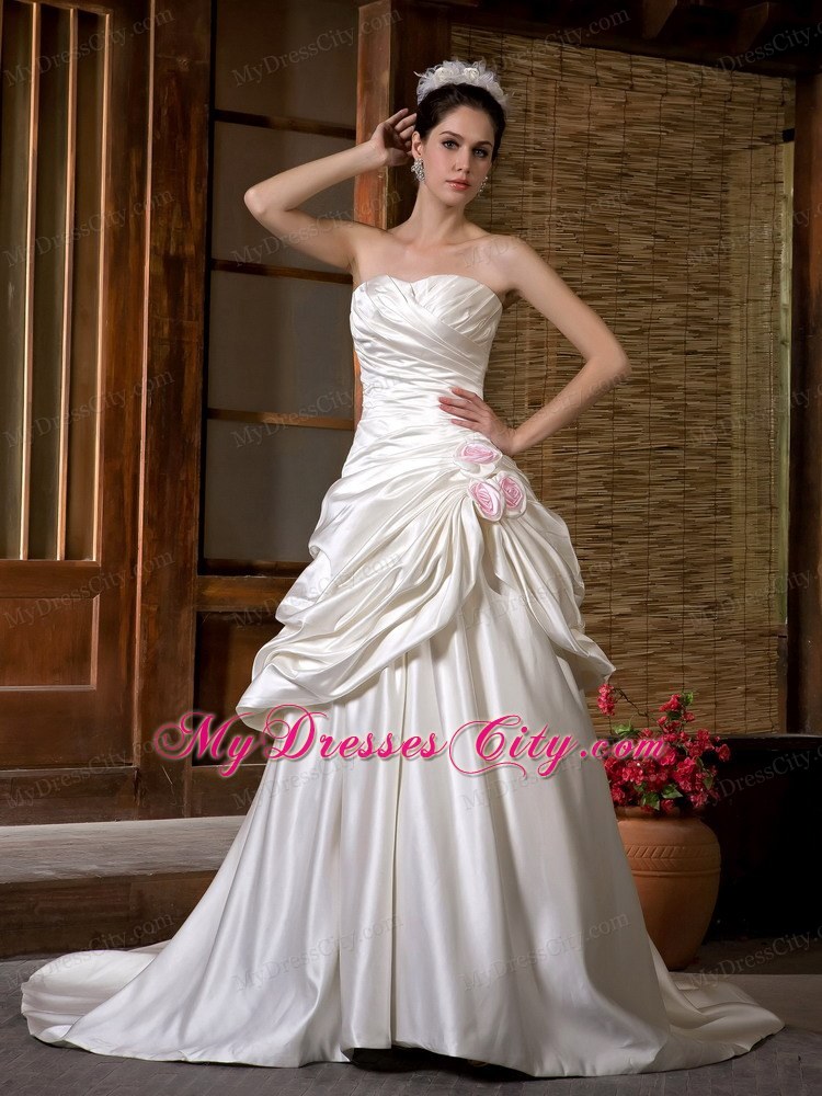 Luxurious A-line Strapless Chapel Train Ruching Flowery Wedding Dress