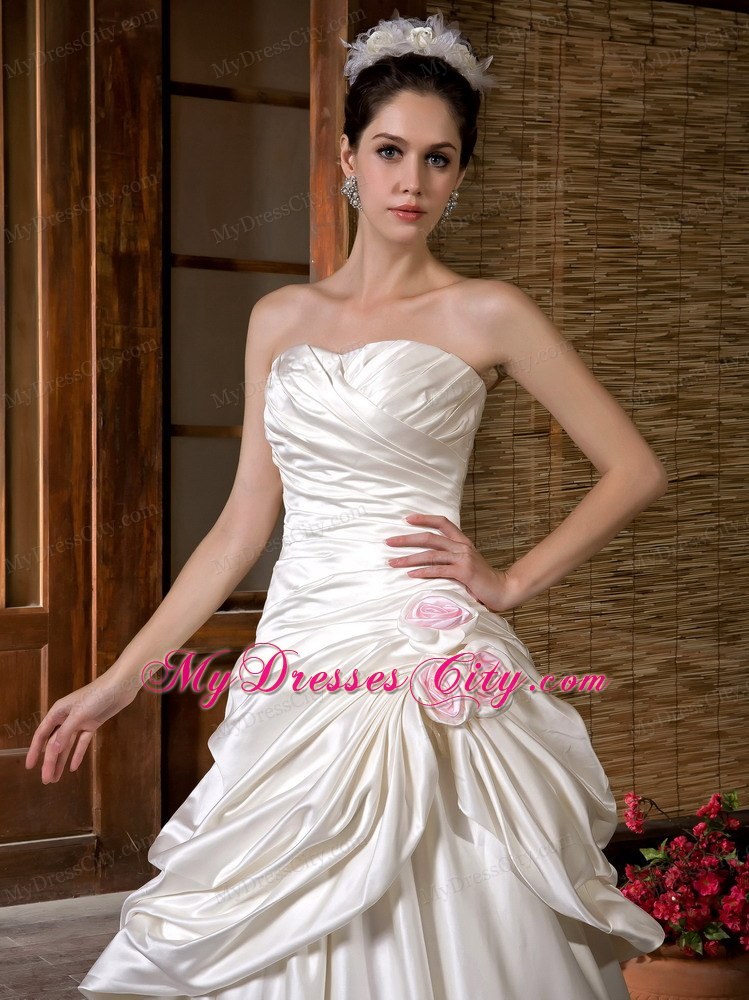 Luxurious A-line Strapless Chapel Train Ruching Flowery Wedding Dress