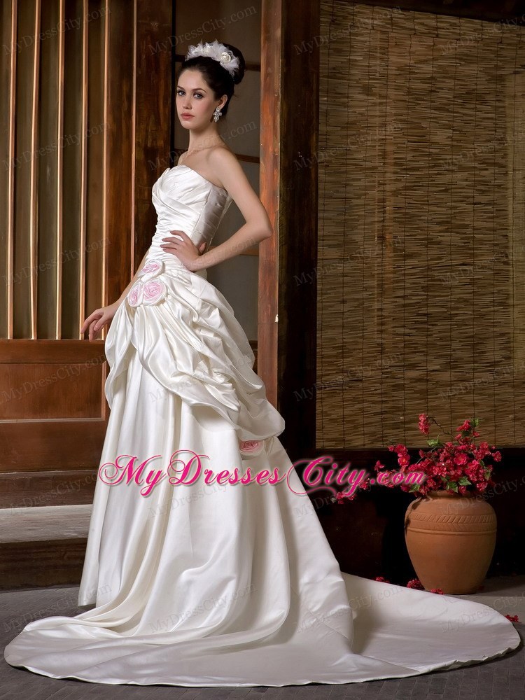 Luxurious A-line Strapless Chapel Train Ruching Flowery Wedding Dress