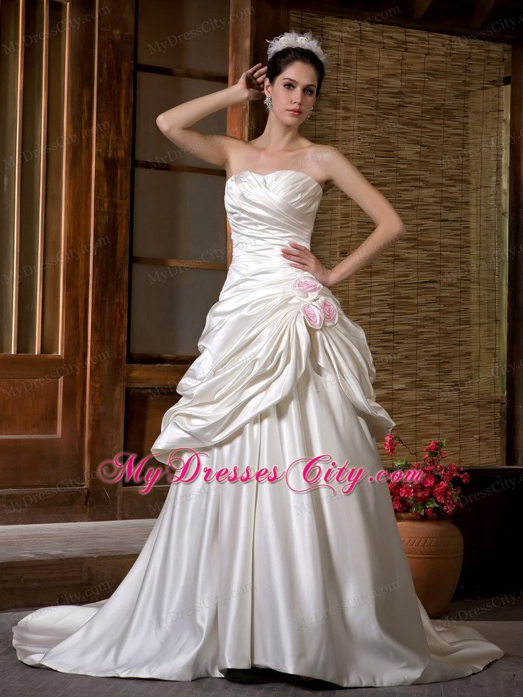 Luxurious A-line Strapless Chapel Train Ruching Flowery Wedding Dress