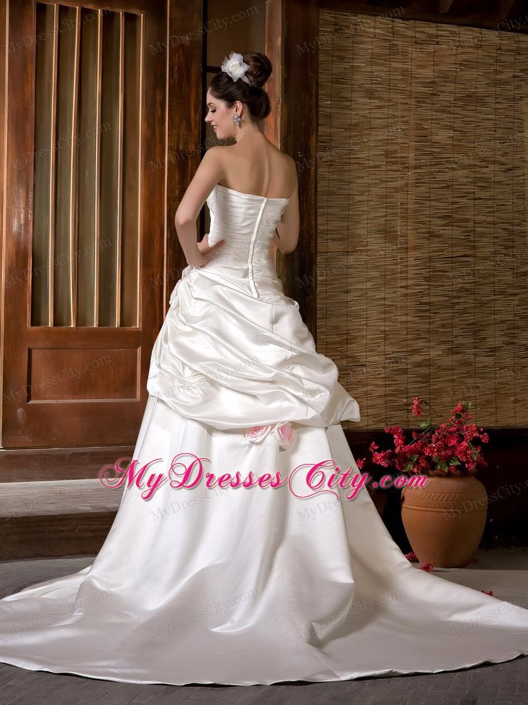 Luxurious A-line Strapless Chapel Train Ruching Flowery Wedding Dress