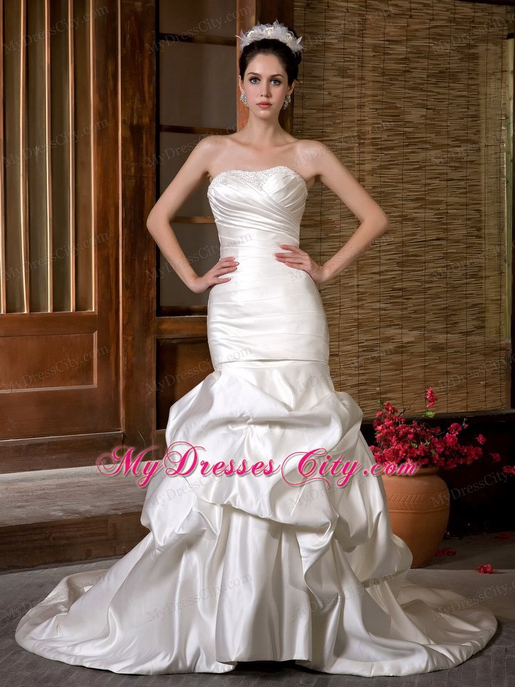 Fashion Mermaid Strapless Chapel Train Beading and Ruche Wedding Dress