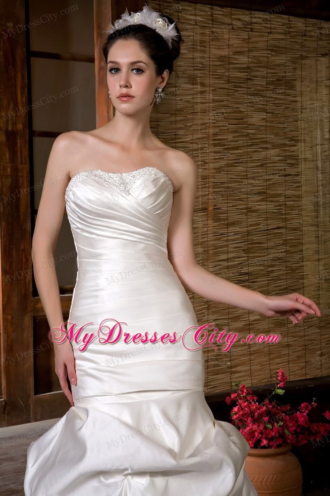 Fashion Mermaid Strapless Chapel Train Beading and Ruche Wedding Dress