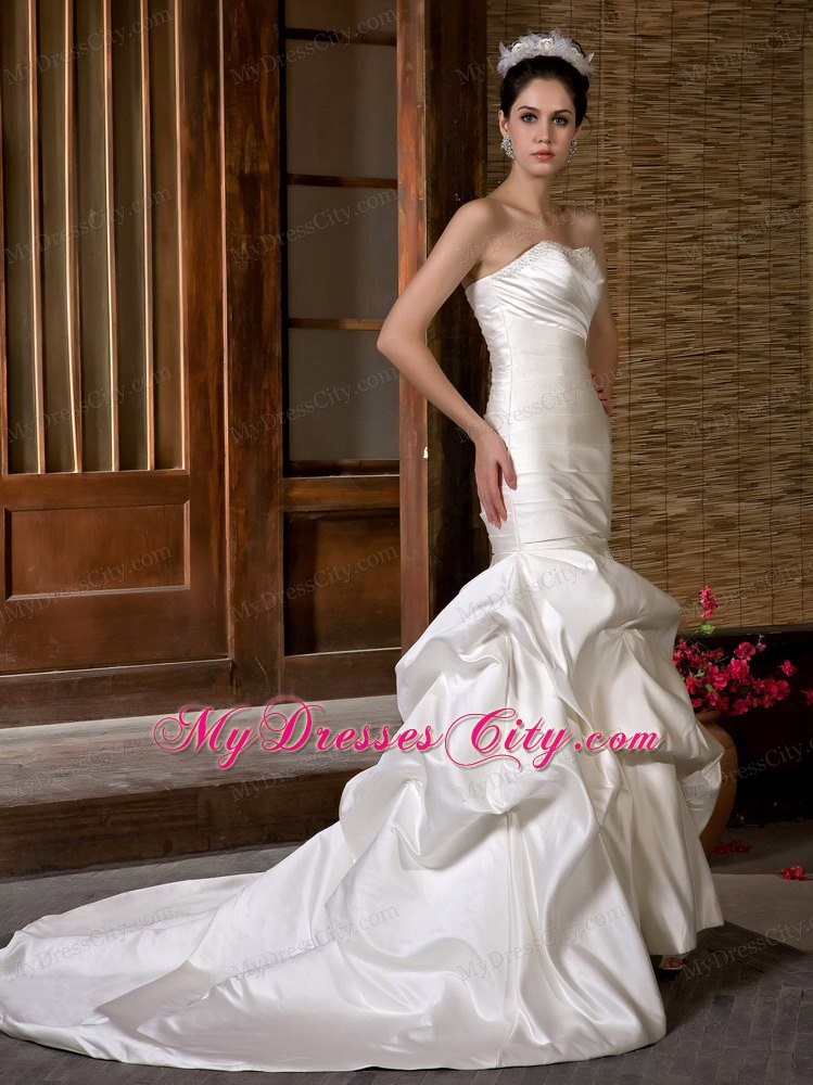 Fashion Mermaid Strapless Chapel Train Beading and Ruche Wedding Dress