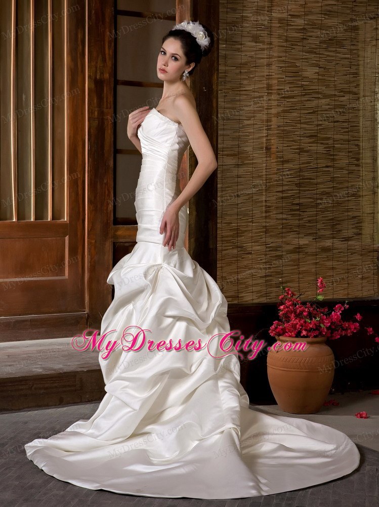 Fashion Mermaid Strapless Chapel Train Beading and Ruche Wedding Dress