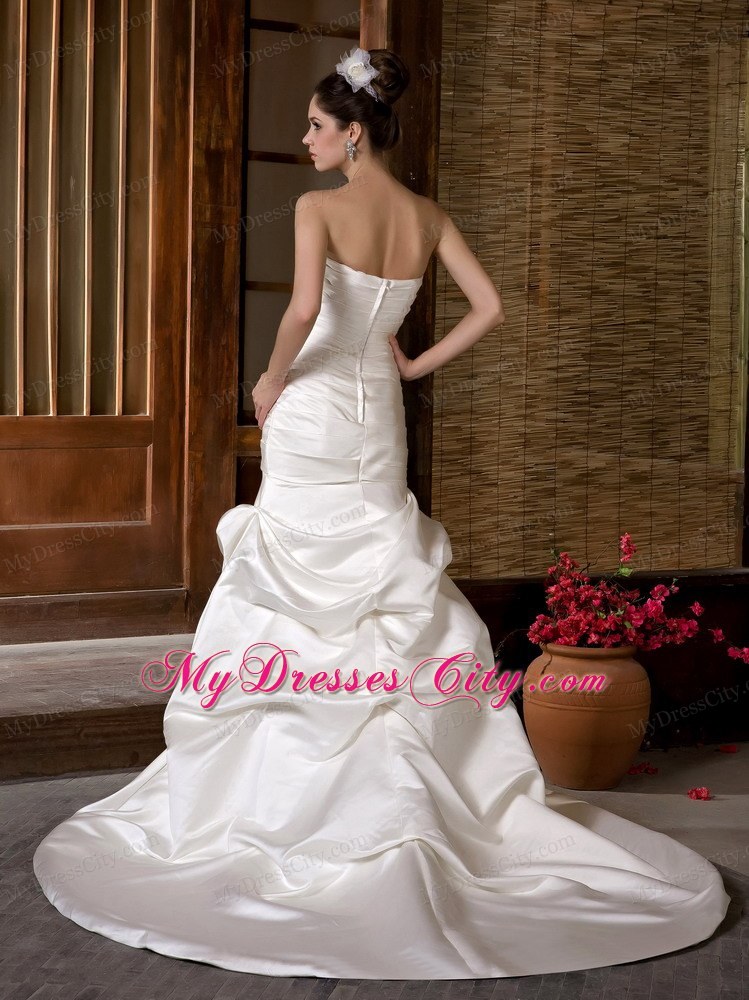 Fashion Mermaid Strapless Chapel Train Beading and Ruche Wedding Dress