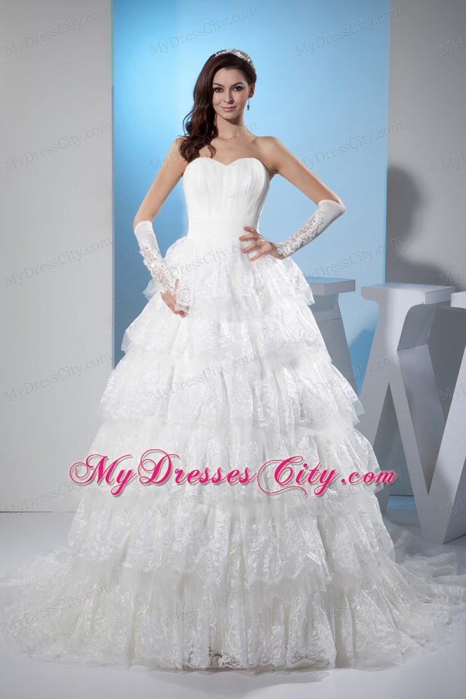 Bright Sweetheart A-line Court Train Lace Wedding Dress with Ruffled Layers