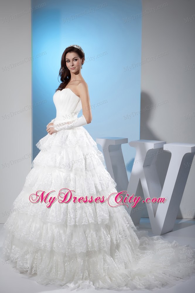 Bright Sweetheart A-line Court Train Lace Wedding Dress with Ruffled Layers