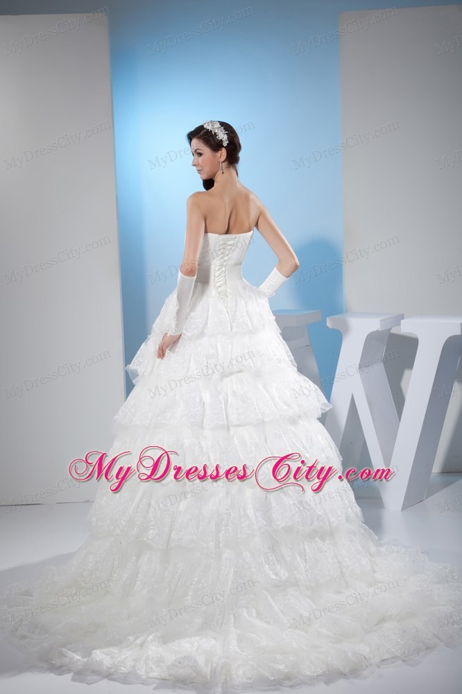 Bright Sweetheart A-line Court Train Lace Wedding Dress with Ruffled Layers