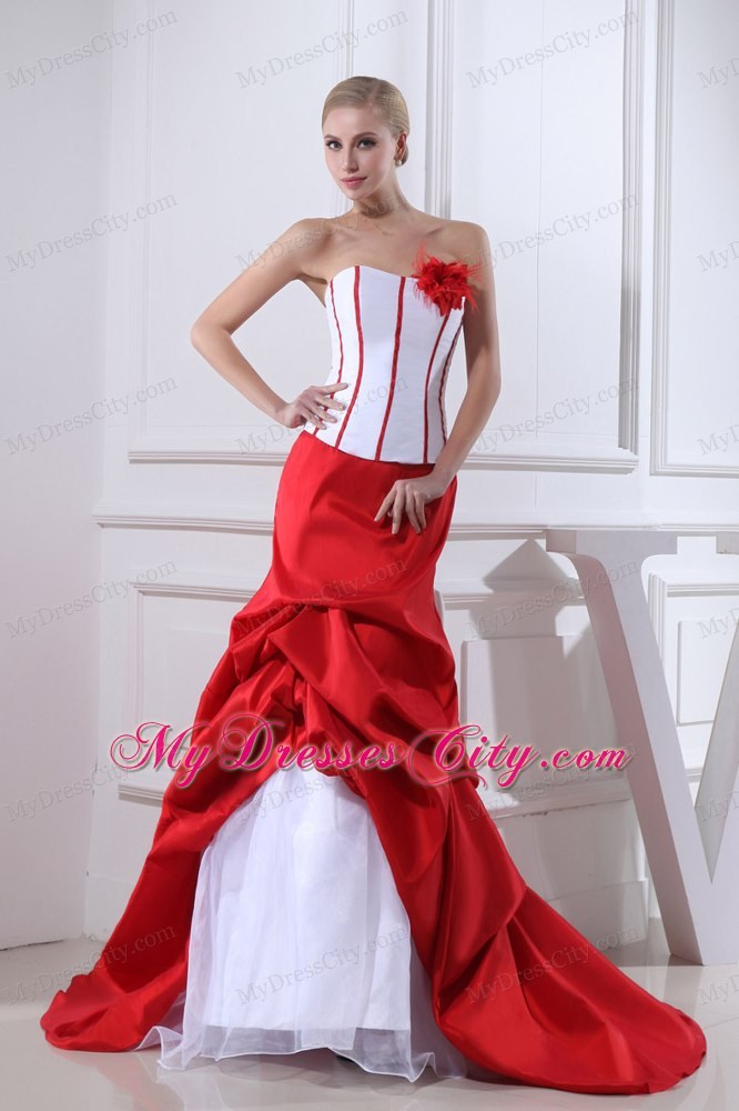 2013 Pick-ups Mermaid Strapless Court Train Red Flowery Wedding Dress