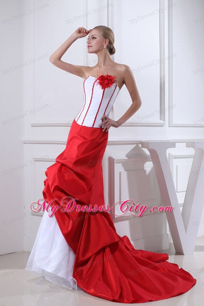 2013 Pick-ups Mermaid Strapless Court Train Red Flowery Wedding Dress