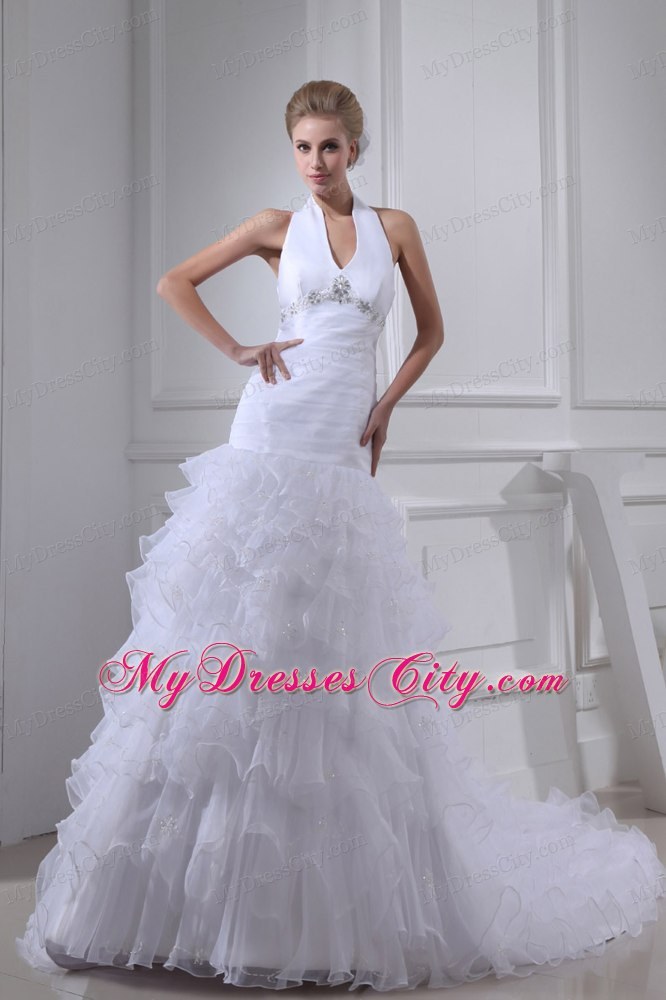 Romantic Beading and Ruffles A-line Halter Top Court Train Wedding Dress