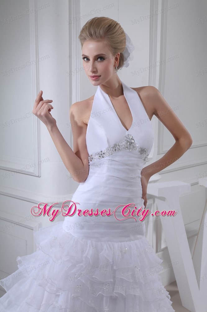 Romantic Beading and Ruffles A-line Halter Top Court Train Wedding Dress