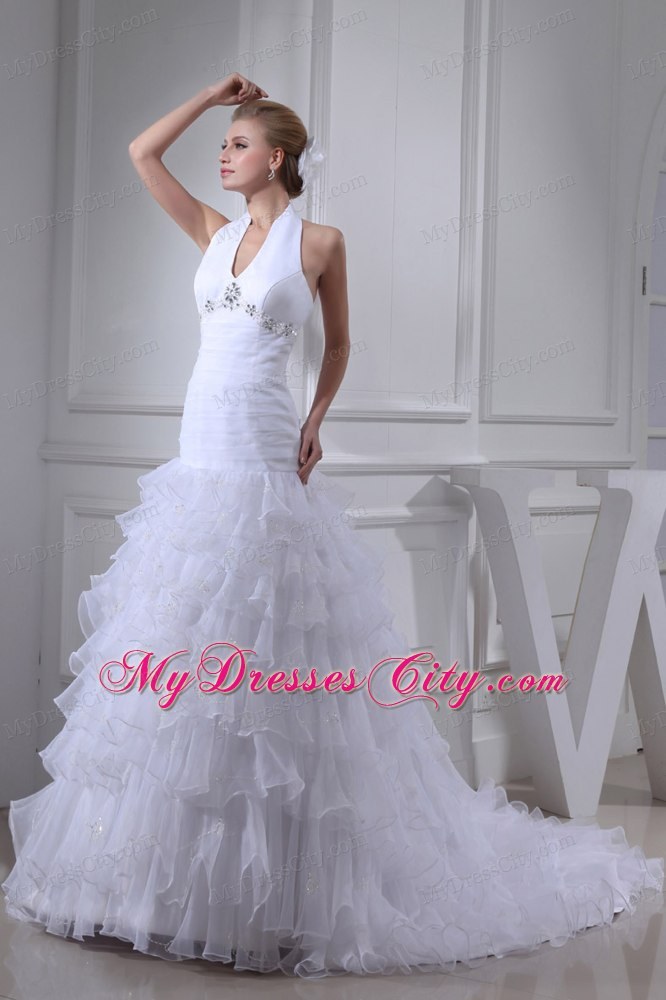 Romantic Beading and Ruffles A-line Halter Top Court Train Wedding Dress