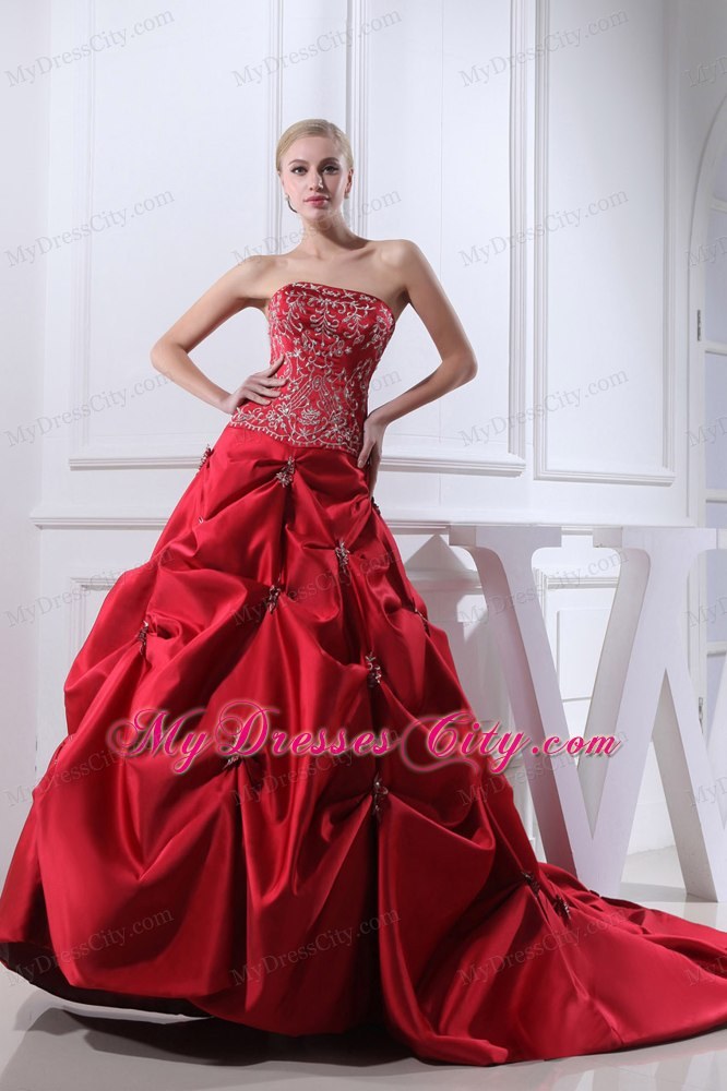 Best Wine Red Embroidery Pick-ups Chapel Train Ball Gown for Weddings