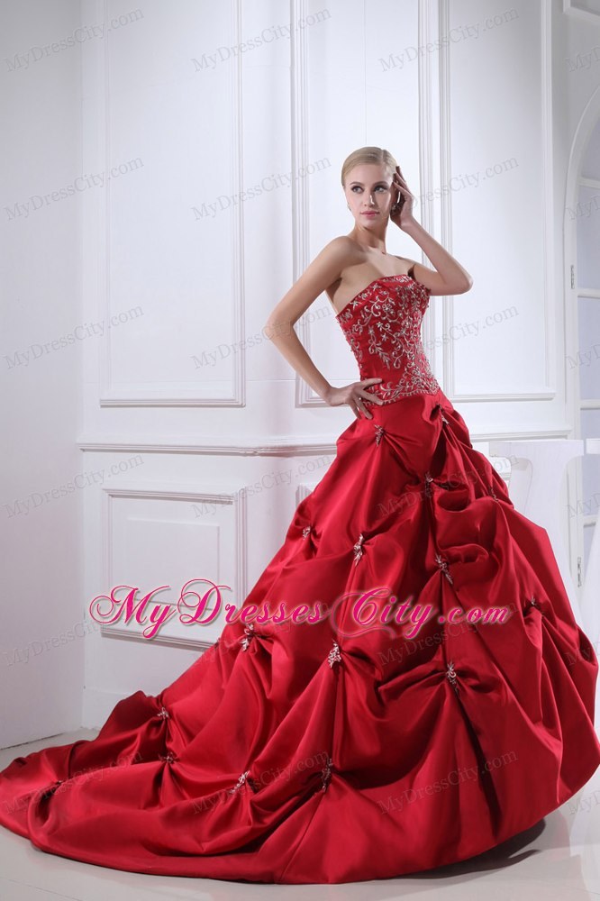 Best Wine Red Embroidery Pick-ups Chapel Train Ball Gown for Weddings