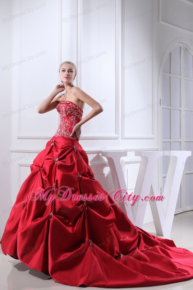 Best Wine Red Embroidery Pick-ups Chapel Train Ball Gown for Weddings