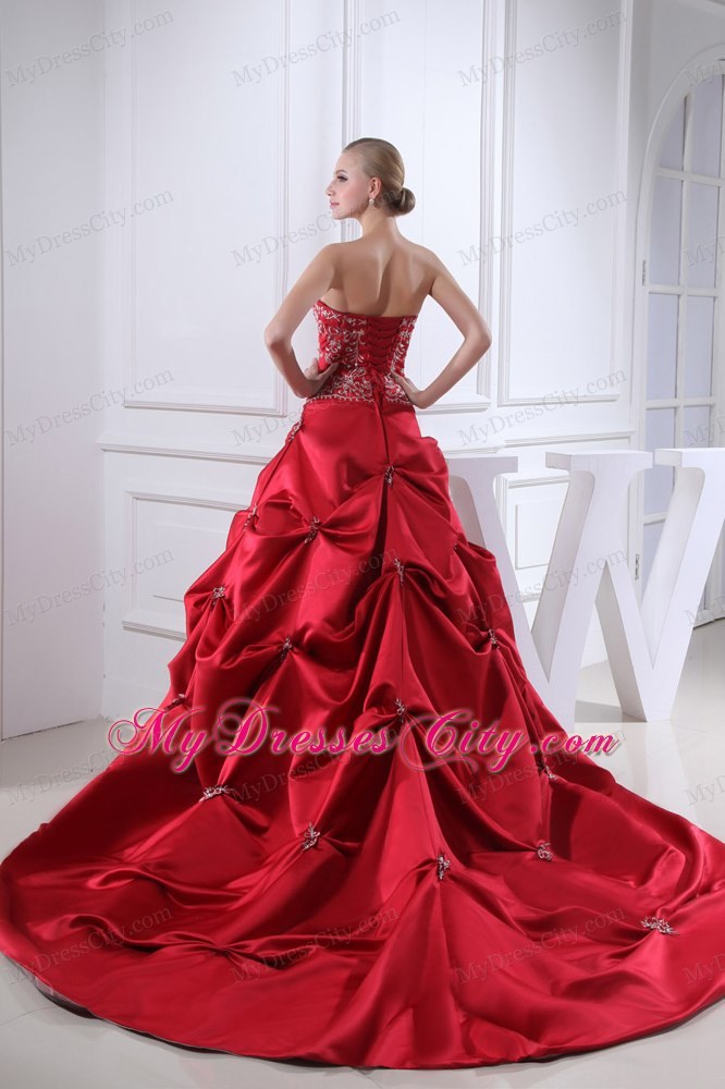 Best Wine Red Embroidery Pick-ups Chapel Train Ball Gown for Weddings