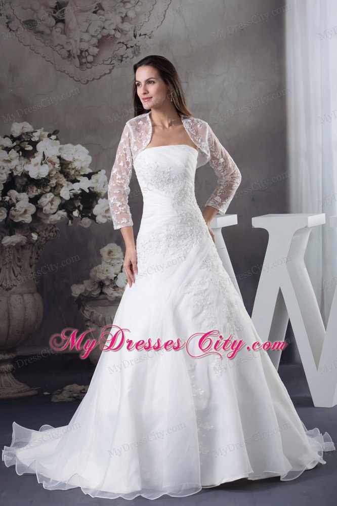 Gorgeous White A-line Appliques Brush Train Long Wedding Dress with Jacket