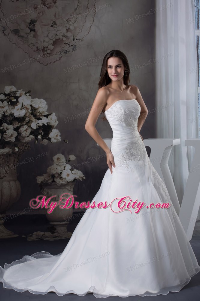 Gorgeous White A-line Appliques Brush Train Long Wedding Dress with Jacket