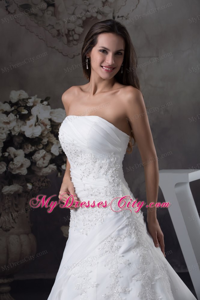 Gorgeous White A-line Appliques Brush Train Long Wedding Dress with Jacket