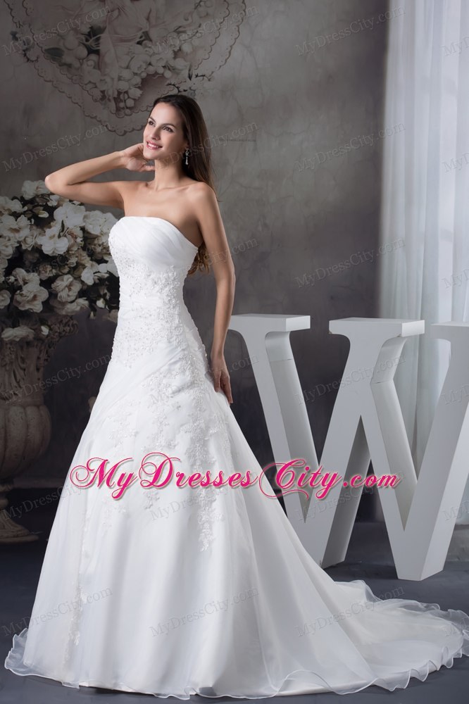 Gorgeous White A-line Appliques Brush Train Long Wedding Dress with Jacket