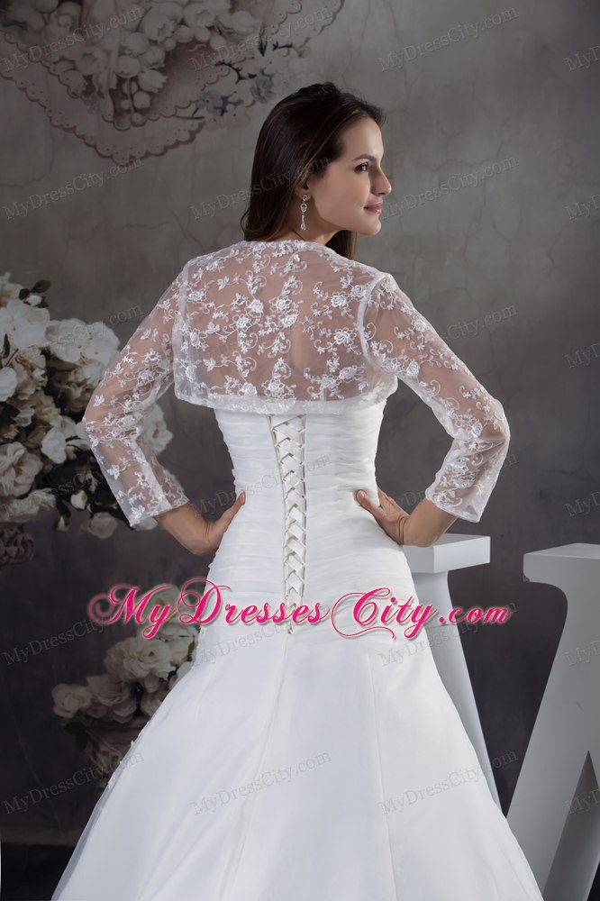 Gorgeous White A-line Appliques Brush Train Long Wedding Dress with Jacket