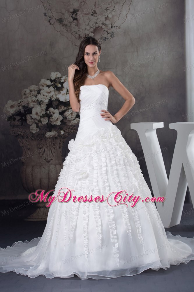 Ruched Strapless A-line Court Train Bridal Dresses with Vertical Ruffled Stripes