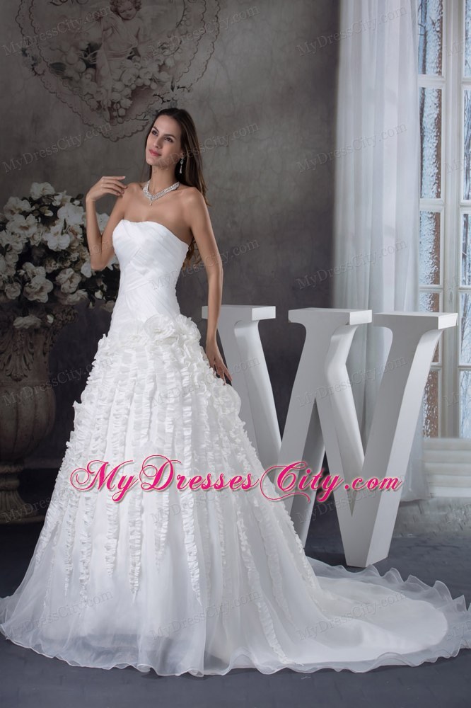 Ruched Strapless A-line Court Train Bridal Dresses with Vertical Ruffled Stripes