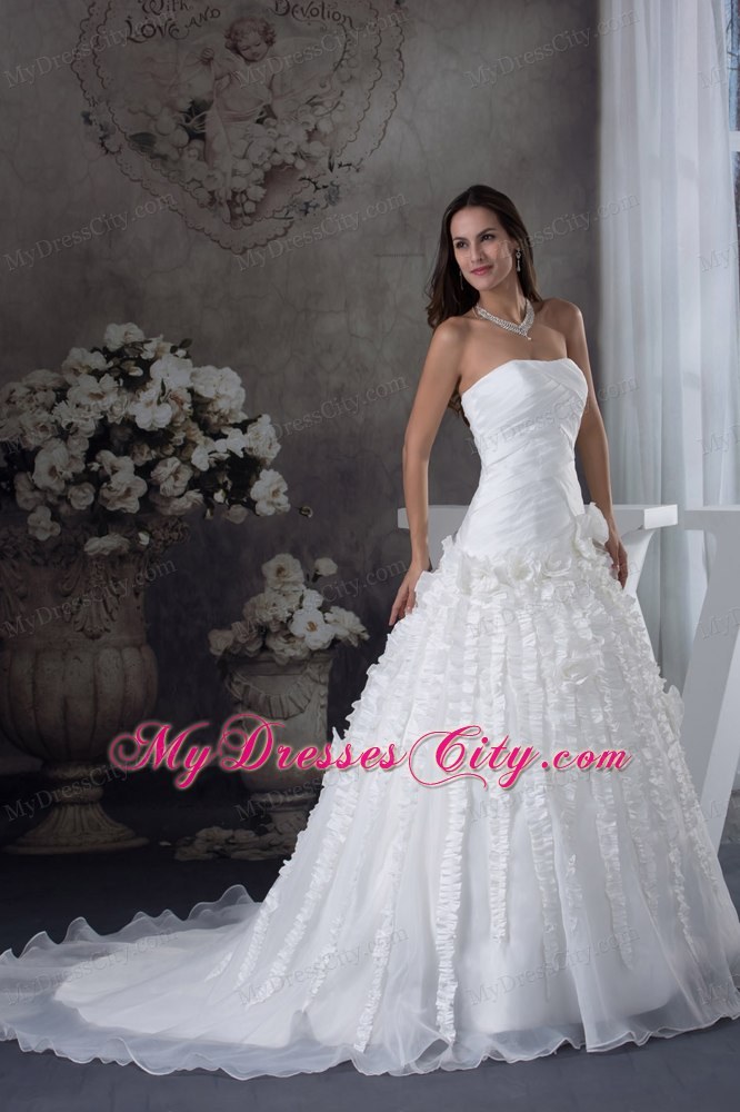 Ruched Strapless A-line Court Train Bridal Dresses with Vertical Ruffled Stripes