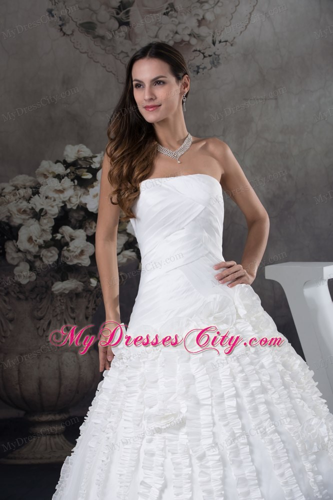 Ruched Strapless A-line Court Train Bridal Dresses with Vertical Ruffled Stripes