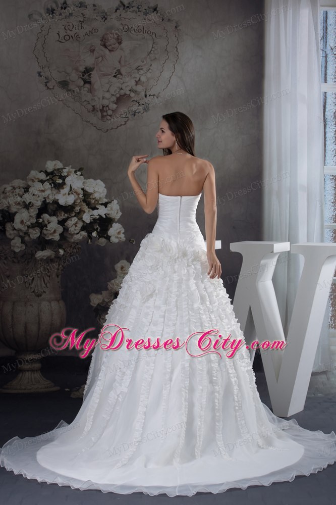 Ruched Strapless A-line Court Train Bridal Dresses with Vertical Ruffled Stripes