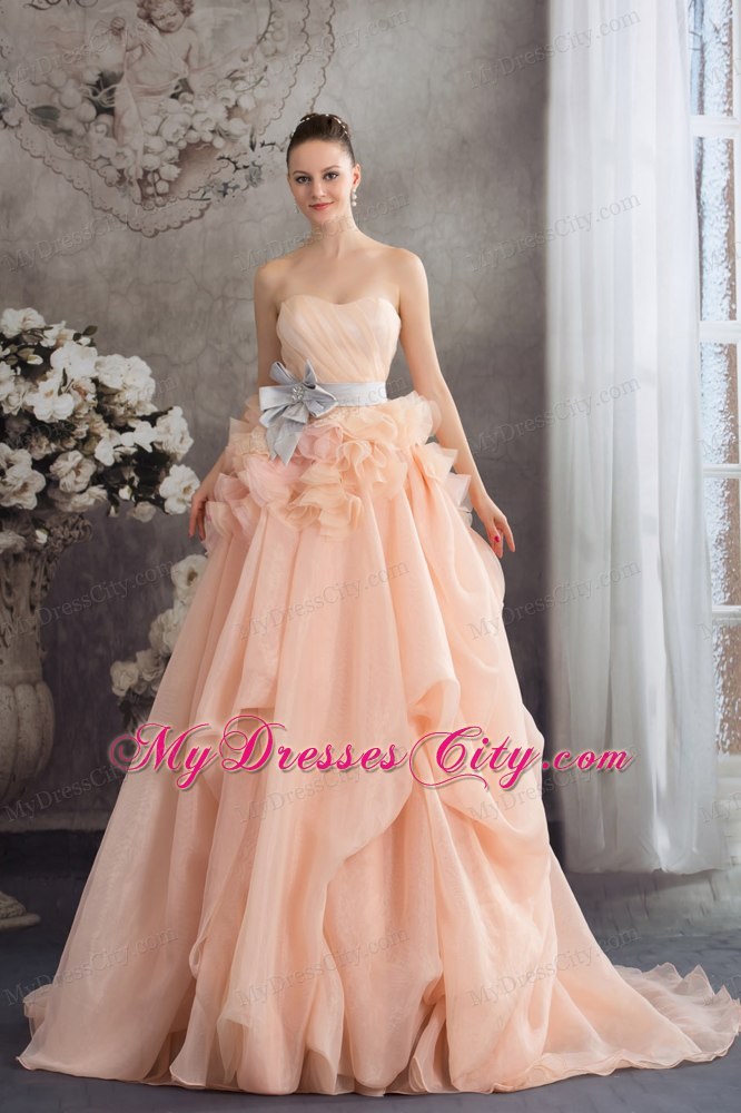 Baby Pink A-line Strapless Ruffled Court Train Wedding Dress with Sliver Sash