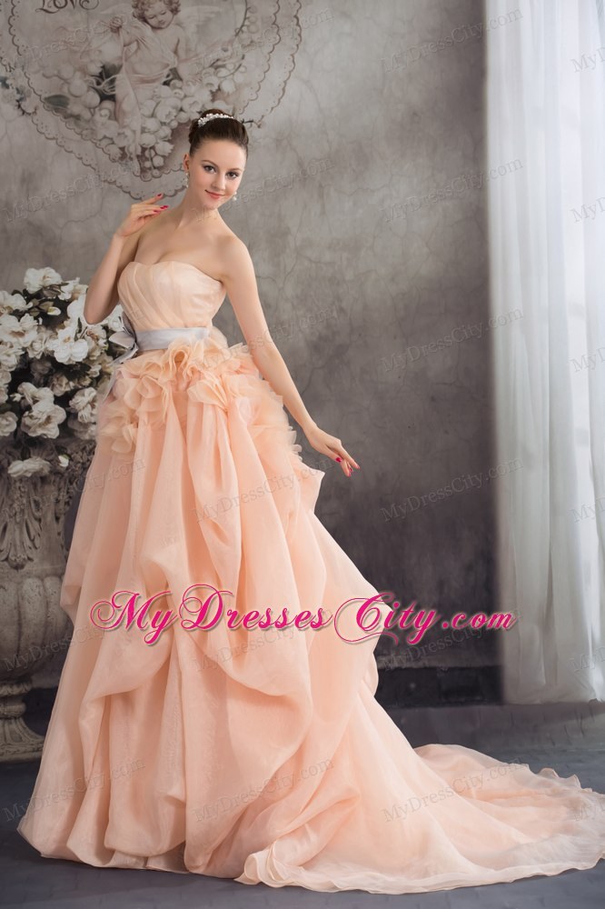 Baby Pink A-line Strapless Ruffled Court Train Wedding Dress with Sliver Sash