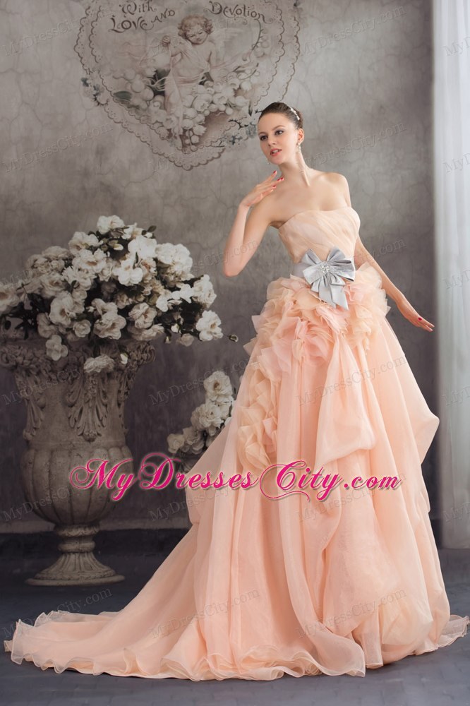 Baby Pink A-line Strapless Ruffled Court Train Wedding Dress with Sliver Sash